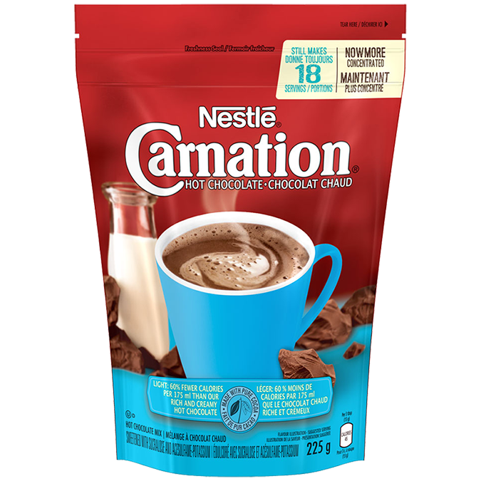 CARNATION Hot Chocolate Powder, Light with 60% fewer calories in a resealable bag. 225 grams makes 18 cups.