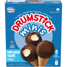 DRUMSTICK Minis Simply Dipped Cônes du désert surgelés à la vanille, emballage multiple, 6 x 60 ml.